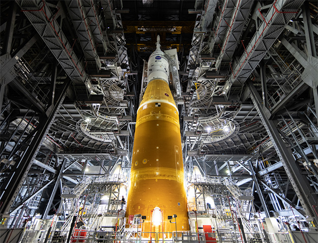 The Artemis I Space Launch System rocket and Orion spacecraft is pictured in the Vehicle Assembly Building at NASA’s Kennedy Space Center in Florida before rollout to launch pad 39B, in March 2022.