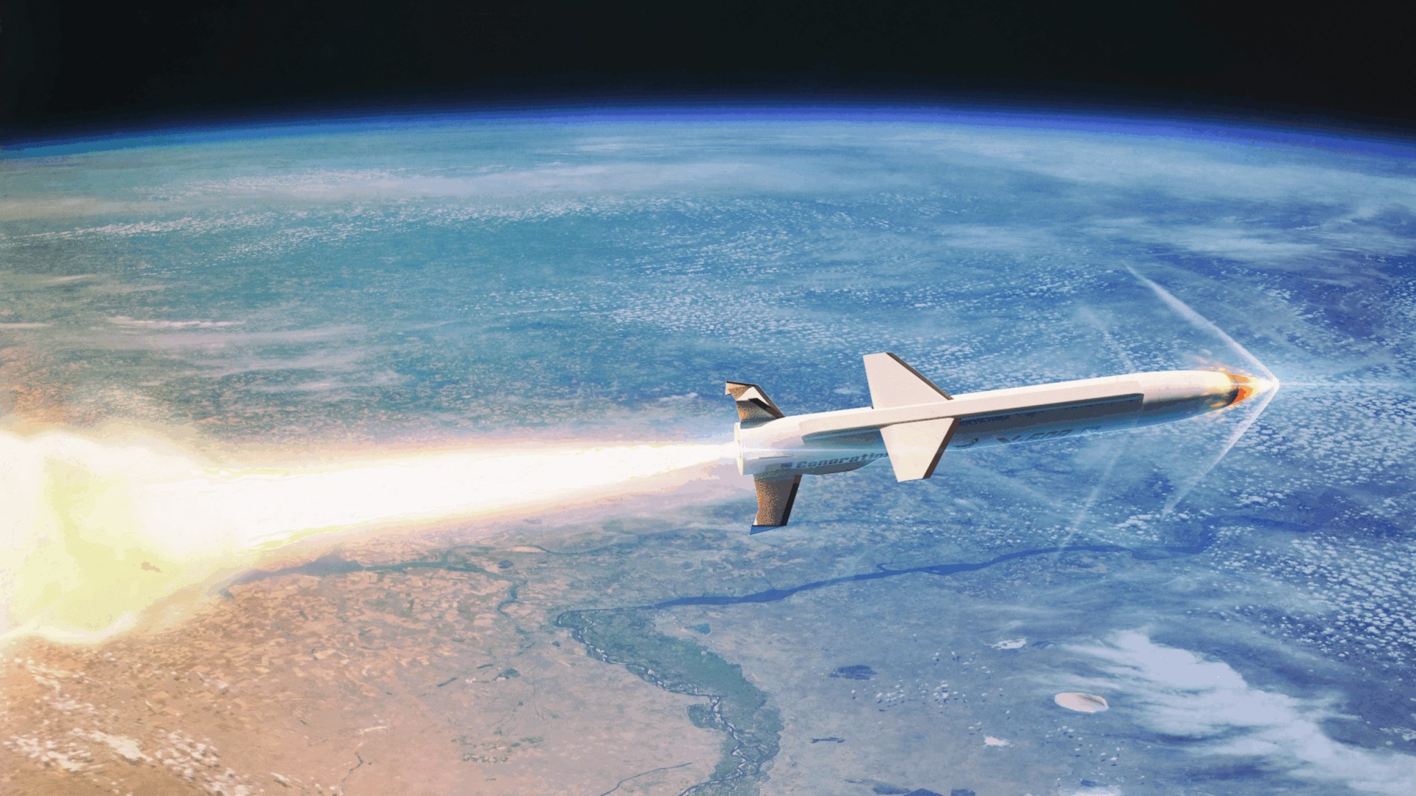 The SpaceWorks X-60 rocket is pictured in flight in the upper atmosphere, with the curvature of the Earth below it.