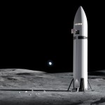 A rendering of NASA's Human Landing System on the lunar surface during the Artemis III mission. A few astronauts stand on the lunar surface with nearby payloads and a planted American flag. The lander is upright and about 65 meters tall.