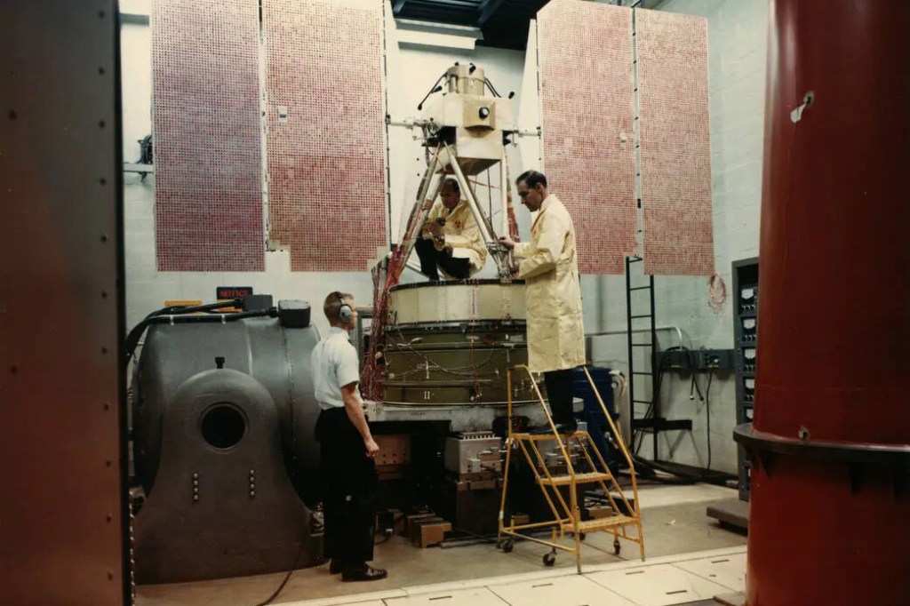 An early Nimbus satellite undergoes vibration testing at NASA's Goddard Space Flight Center in Greenbelt, Maryland, circa 1967.