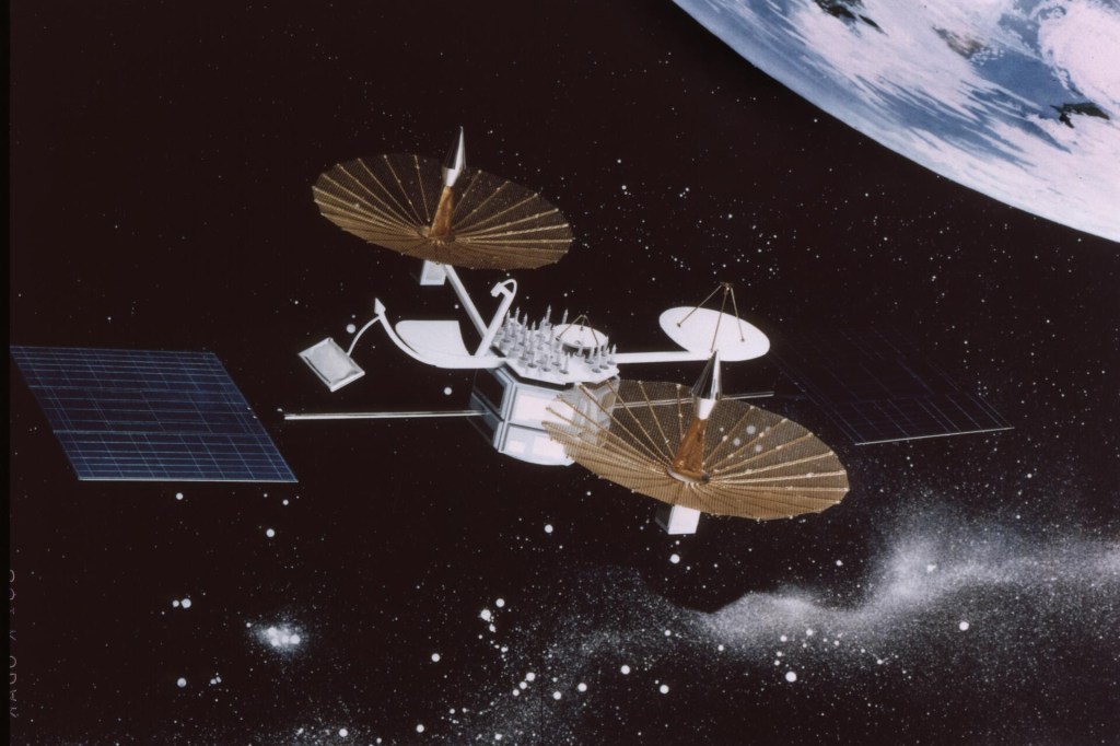 This artist's concept drawing depicts the Tracking and Data Relay Satellite-C (TDRS-C), which was the primary payload of the Space Shuttle Discovery on the STS-26 mission, launched on September 29, 1988. The TDRS system provides almost uninterrupted communications with Earth-orbiting Shuttles and satellites, and had replaced the intermittent coverage provided by globe-encircling ground tracking stations used during the early space program.