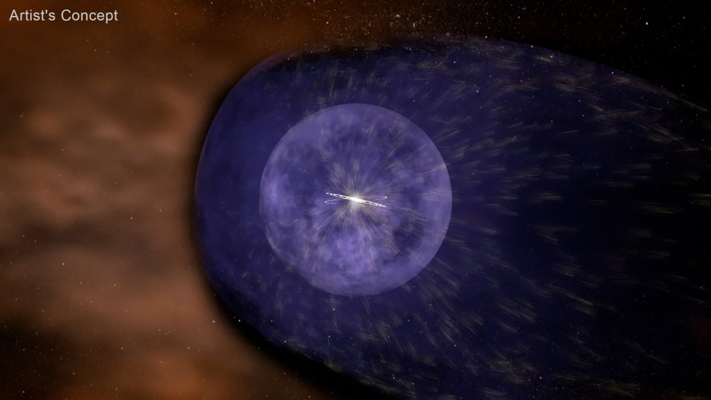 An artist’s illustration depicts the astrosphere in more detail, including a bow shock in blue — akin to a sonic boom in front of a supersonic plane — that is caused by the motion of the star and its astrosphere as it pushes against and flies through gas in interstellar space.