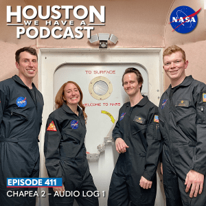 Houston We Have a Podcast Episode 411: CHAPEA 2: Audio Log 1 The four crew members of CHAPEA Mission 2 pose in front of the airlock to the simulated Martian surface.