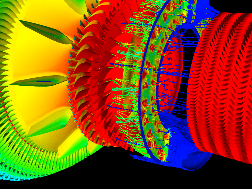 A vibrant, neon, multi-colored engine. Engine gears are a bright red or yellow. Between the gears are dozens of neon green or neon blue lines, each imbedded with spherical nodes. 