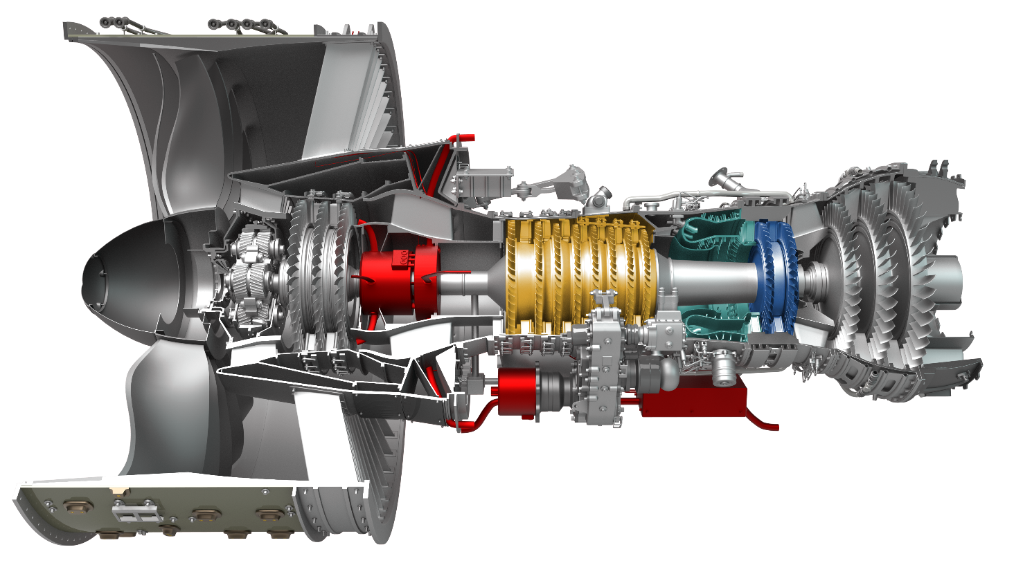 Cutaway design of the HyTEC engine project. The engine is steel grey, with inside components highlighted red, yellow, teal, and blue.