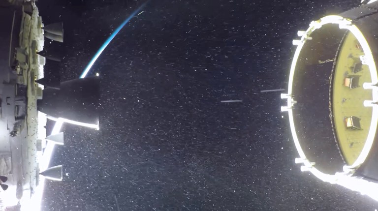 Two CubeSats can be seen in the Orion stage adapter, right, as the Orion spacecraft separates from SLS during the Artemis I mission.