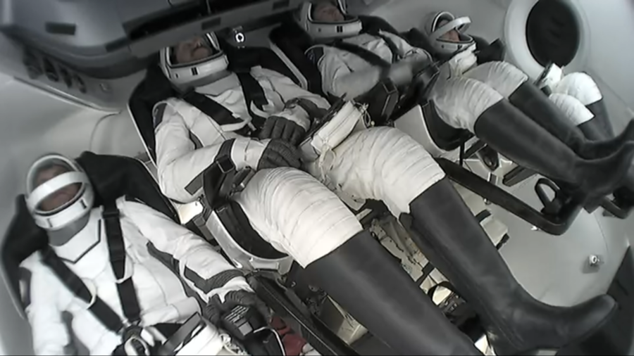 Image shows a closeup view of the NASA's SpaceX Crew-12 inside the SpaceX Dragon spacecraft on Friday, Feb. 13, 2026. Photo credit: NASA