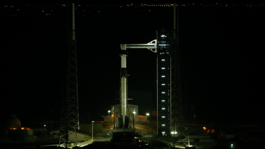 Image shows the night time sky with a SpaceX white and black rocket for NASA's SpaceX Crew-12 mission from Space Launch Complex 40 at Cape Canaveral Space Force Station on Friday, Feb. 13, 2026