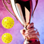 A hand holding up a large trophy with three yellow pickleballs surrounding it.