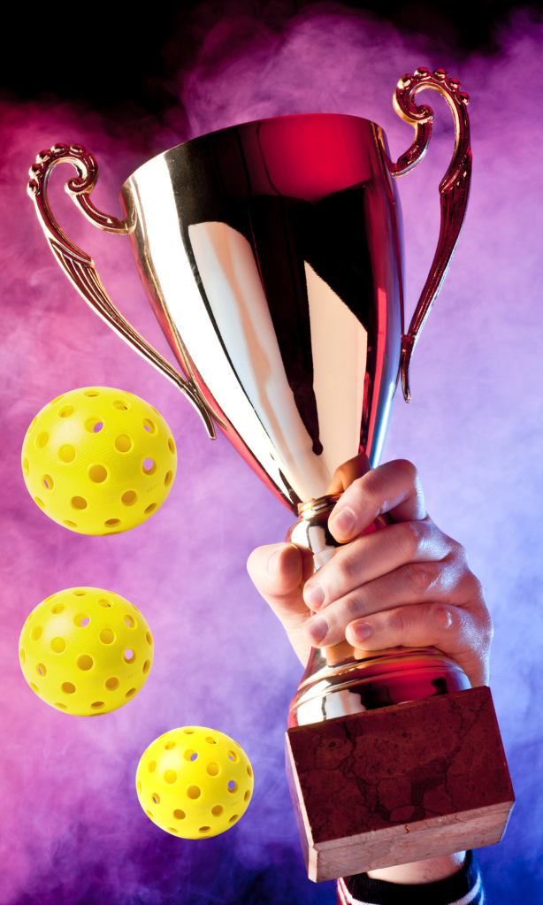 A hand holding up a large trophy with three yellow pickleballs surrounding it.