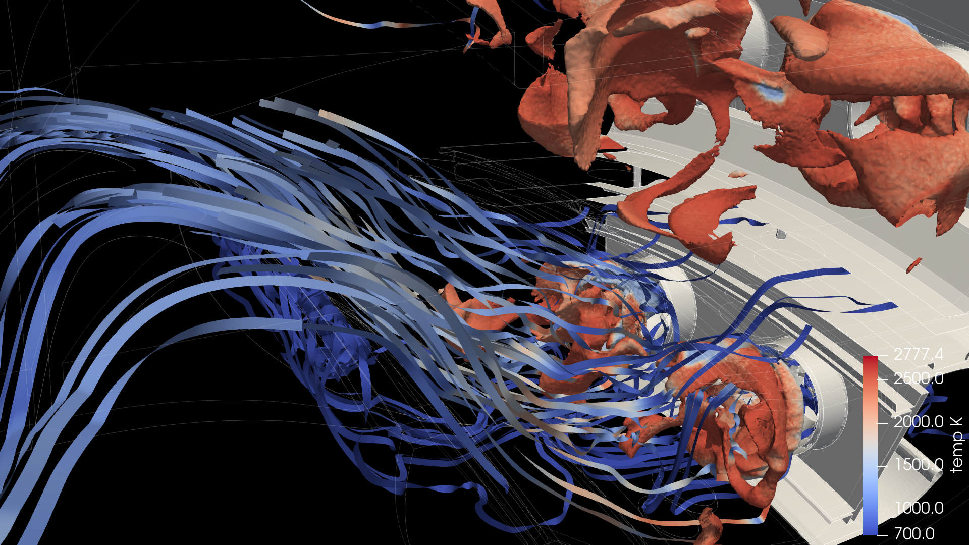 Graphic visualization showing combustion swirlers in the form of blue ribbons erupting from white nozzles attached to a larger, white structure. There are also thick red tendrils coming out from the nozzles and around the white structure. 