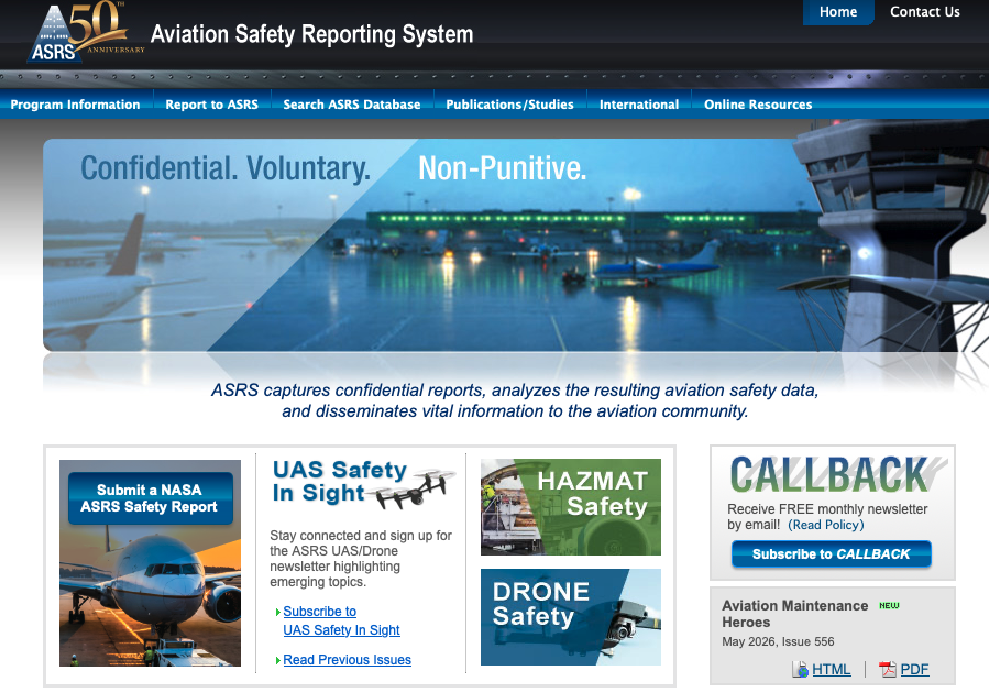 Screenshot of the NASA Aviation Safety and Reporting System (ASRS) website.
