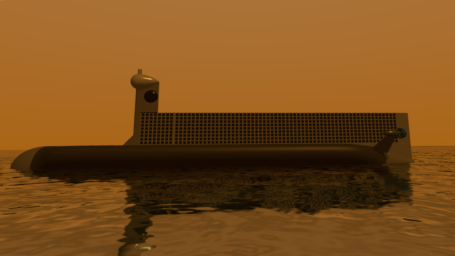Visualization of a submarine half submerged in water, surrounded by an orange atmosphere.