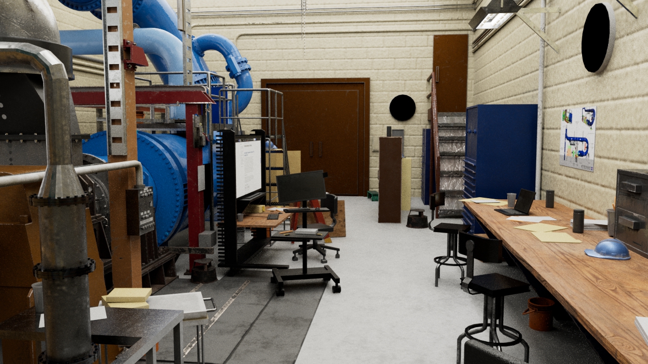A visualization of the W7 test facility, a room with cream colored cinder block walls. There is a long desk with lab stools on the right, a desk with a computer monitor on the left. Behind the monitor on the ground is a large, blue, cylindrical tank with a diagonal blue pipe stretching from the main tank up and out of frame. 