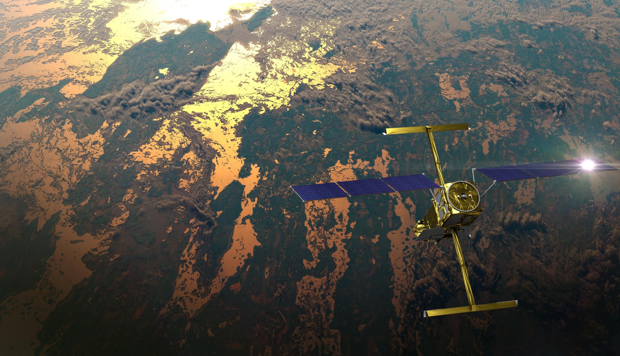 An illustration of a satellite flying over Earth's surface. The satellite is gold colored, shaped like a capital I, with two blue solar arrays extending horizontally from the middle like wings. Sunlight glints off the right-most panel. The Earth below is a combination of water and dry land, with the areas of water glowing gold, like gilding.