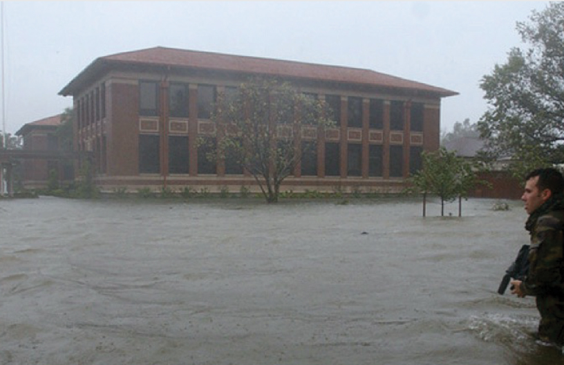 Compound (storm-surge, tidal, and rainfall) flooding at Langley Air Force Base during Hurricane Isabel produced an 8-foot peak storm tide on September 18, 2003