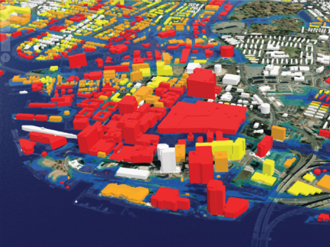 Visualization of building vulnerability to minor (yellow), moderate (orange), and major (red) flooding thresholds in Norfolk, VA (Sweet et al., 2017)