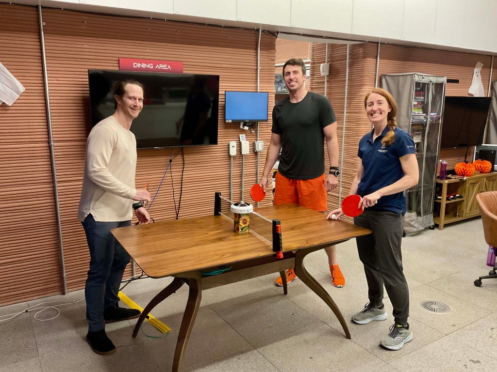 The Crew Health and Performance Exploration Analog (CHAPEA) Mission 2 crew spends off-duty time inside the habitat (from left: Matthew Montgomery, Ross Elder, Ellen Ellis).