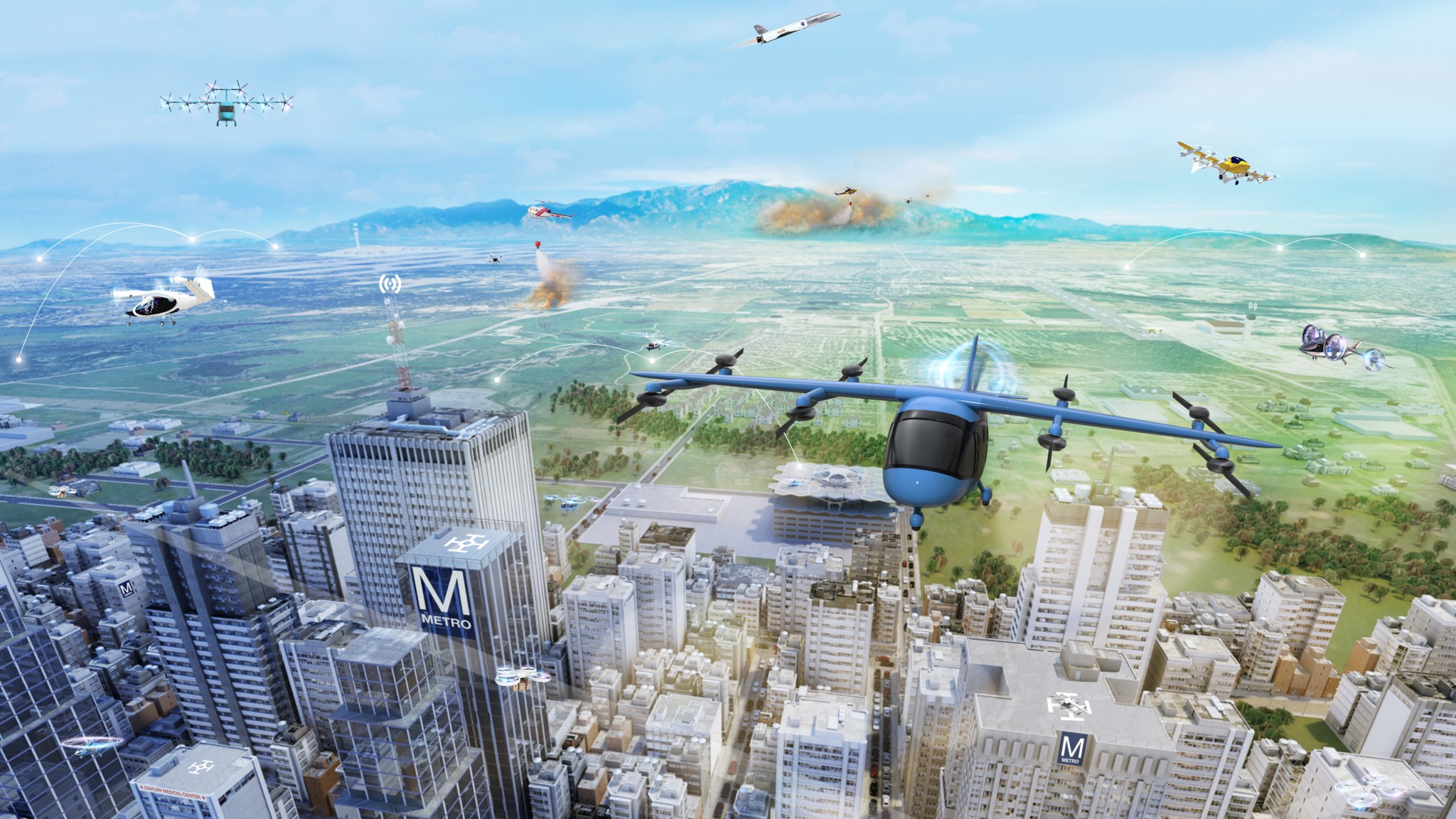 In this artist concept there are a number of different types and sizes of aircraft flying over a small city.