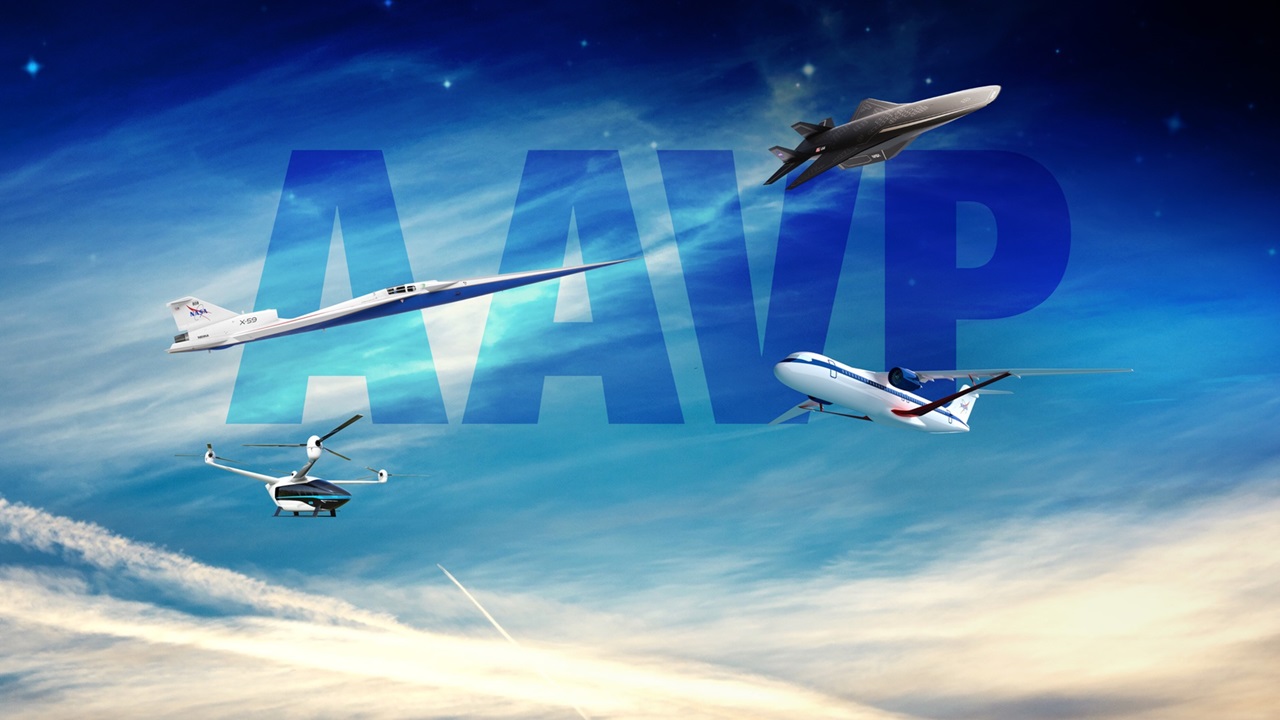 A sky full of contrails, the letters AAVP, and four vehicles: the X-59, a transonic truss-braced wing, a hypersonic vehicle, and a vertical lift vehicle with four rotors.