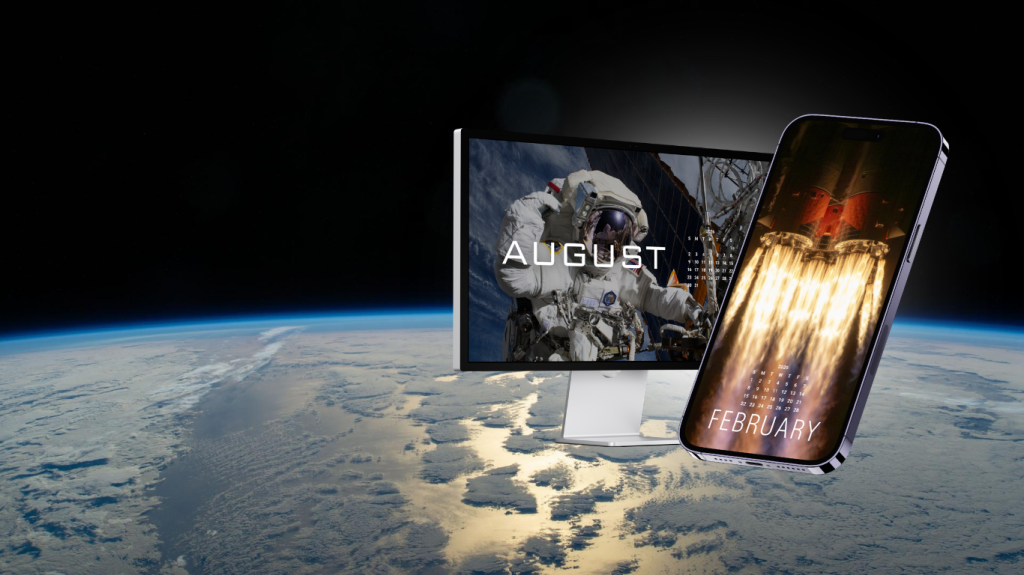 Image of the Earth horizon with a graphic of a computer screen and mobile screen in front of it showing the mockup of the digital calendar backgrounds.