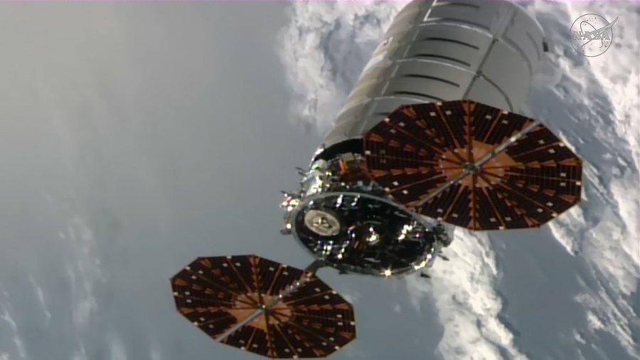 The Cygnus XL cargo spacecraft departs the International Space Station after its release from the Canadarm2 robotic arm.
