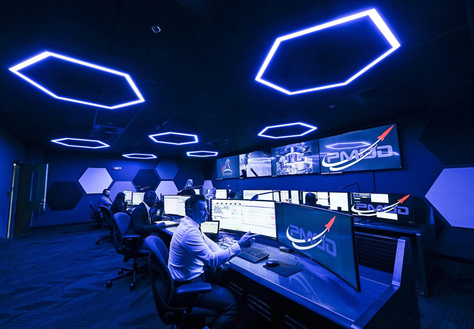 A look inside the twin control rooms at NASA’s Marshall Space Flight Center in Huntsville, Alabama, where engineers monitor Artemis science and future landing operations for Artemis.