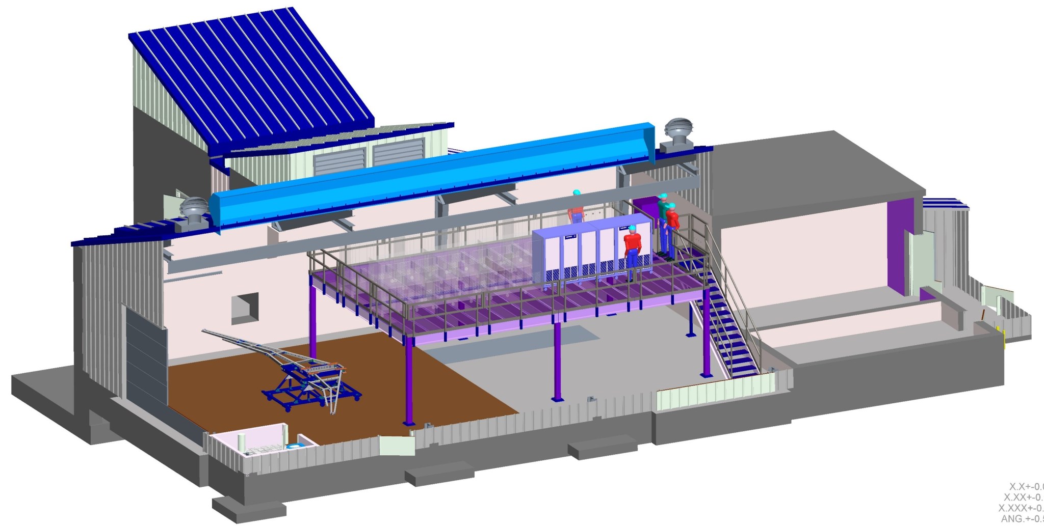 An artist’s concept shows a cut out of a rectangular test facility. Stairs can be seen leading up to a raised platform in the center with people working. In the background are several test rooms including a large battery chamber with a sloped roof.