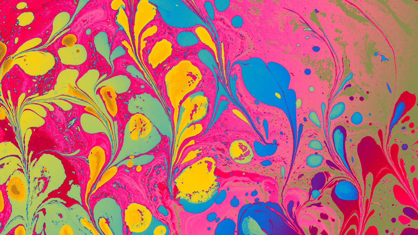 A vibrant marbled pattern with swirling shapes in pink, yellow, light green, and blue, resembling organic forms and drops of paint on a liquid surface.