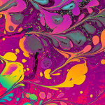 Abstract marbled pattern with swirling shapes in vibrant shades of pink, purple, yellow, and blue.