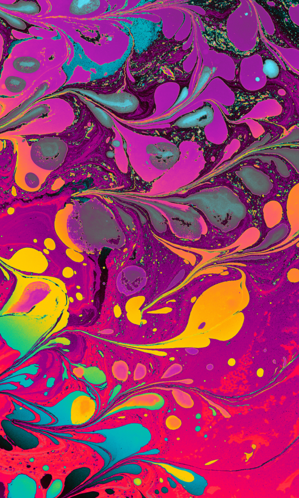 Abstract marbled pattern with swirling shapes in vibrant shades of pink, purple, yellow, and blue.