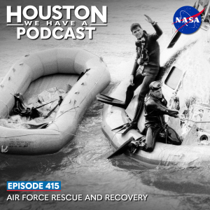 Houston We Have a Podcast Episode 415: Air Force Rescue and Recovery Military recovery divers stand on an inflated ring stabilizing the Apollo 8 spacecraft during splashdown recovery in the ocean.