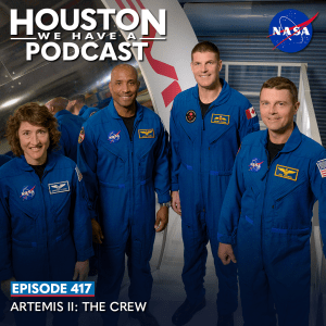 Houston We Have a Podcast Episode 417: Artemis II: The Crew The four astronauts flying on Artemis II stand in front of the Orion capsule simulator.