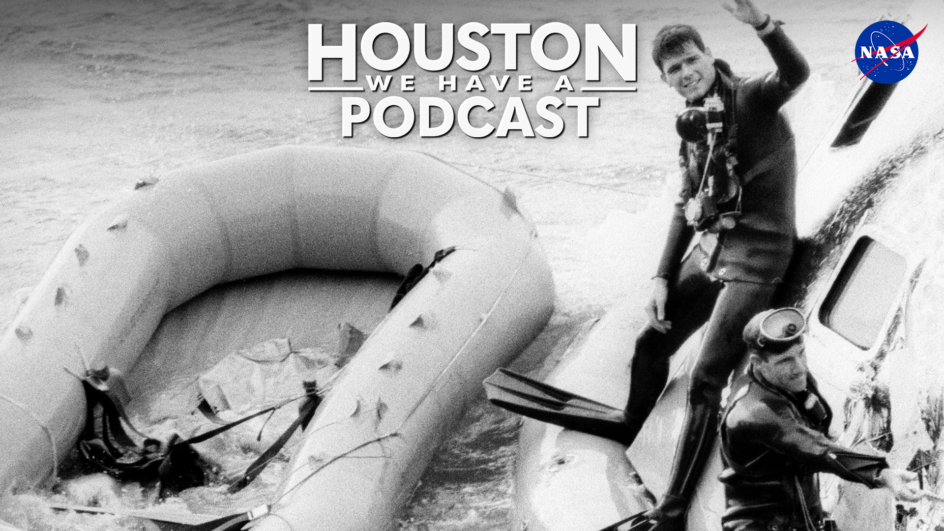 HWHAP Ep. 415. Military recovery divers stand on an inflated ring stabilizing the Apollo 8 spacecraft during splashdown recovery in the ocean.
