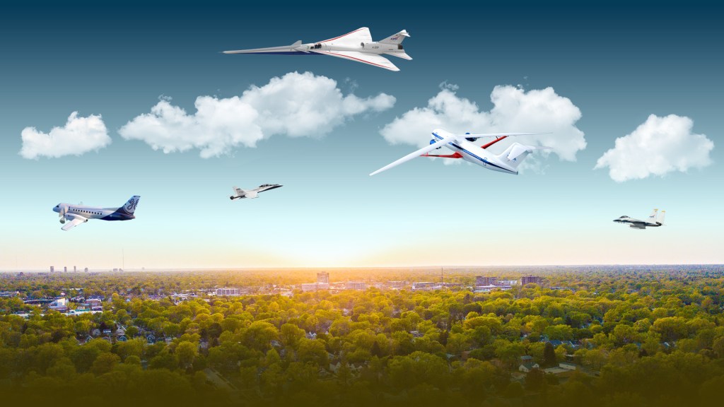 Graphic depiction of several NASA airplanes over a small city surrounded by trees.