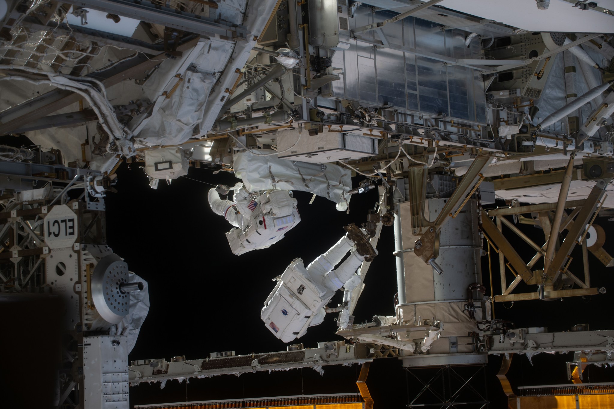 NASA astronauts Jessica Meir and Chris Williams are pictured outside the International Space Station during a seven-hour, two-minute spacewalk on March 18, 2026. Credit: NASA/Jack Hathaway