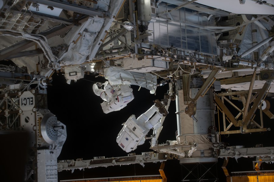 NASA astronauts Jessica Meir and Chris Williams are pictured outside the International Space Station during a seven-hour, two-minute spacewalk on March 18, 2026. Credit: NASA/Jack Hathaway