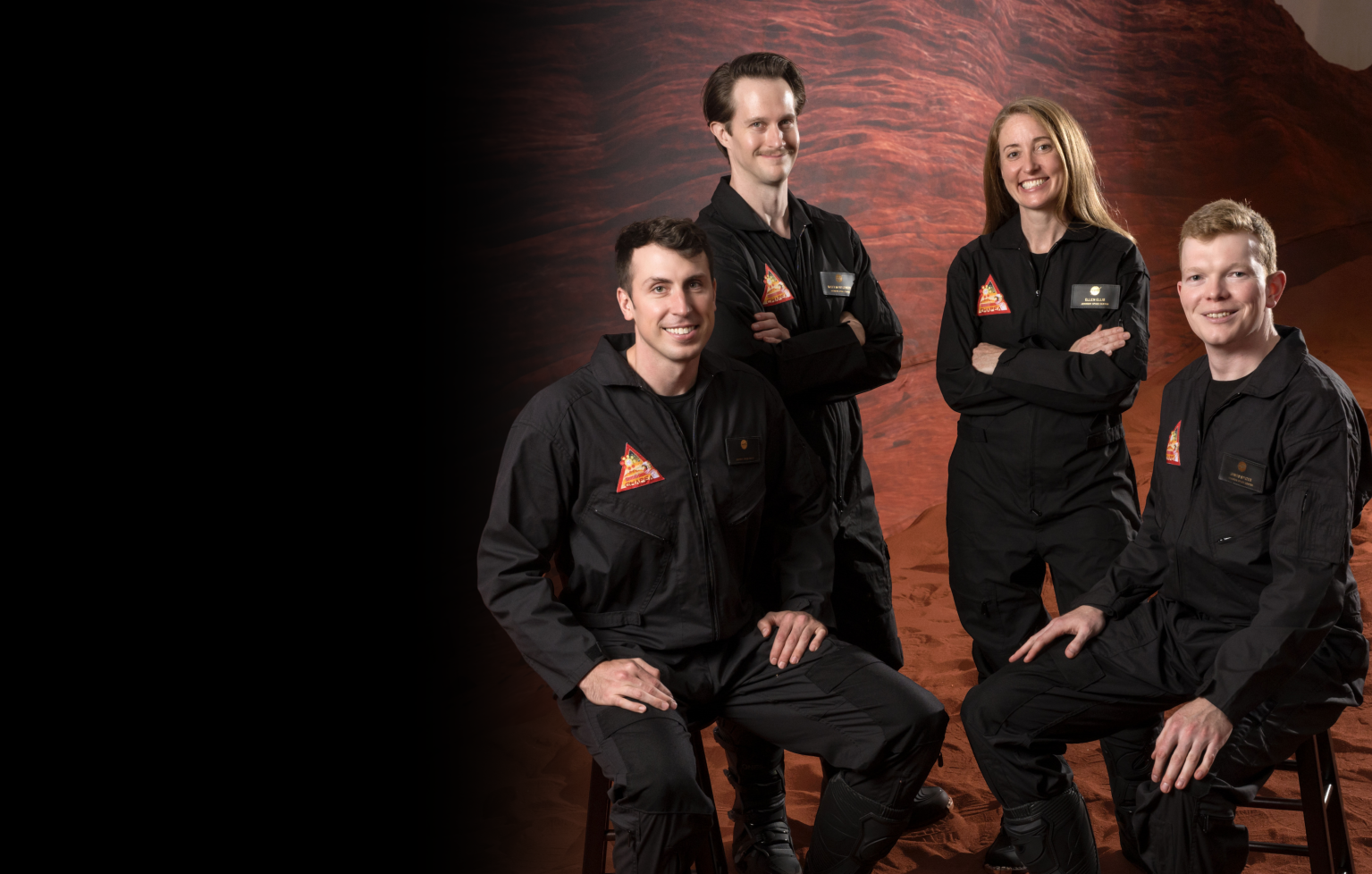 Official Crew Portrait of Crew Health and Performance Exploration Analog (CHAPEA) Mission 2 Crew for NASA's one-year analog mission in a habitat to simulate living on Mars. Photo credit: NASA/Helen Arase Vargas and Bill Stafford