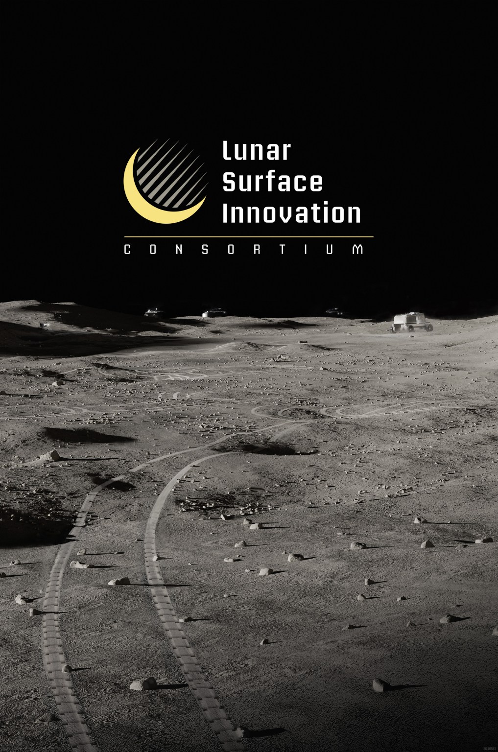 Artistic render of the lunar surface with the Lunar Surface Innovation Consortium logo over a black horizon.
