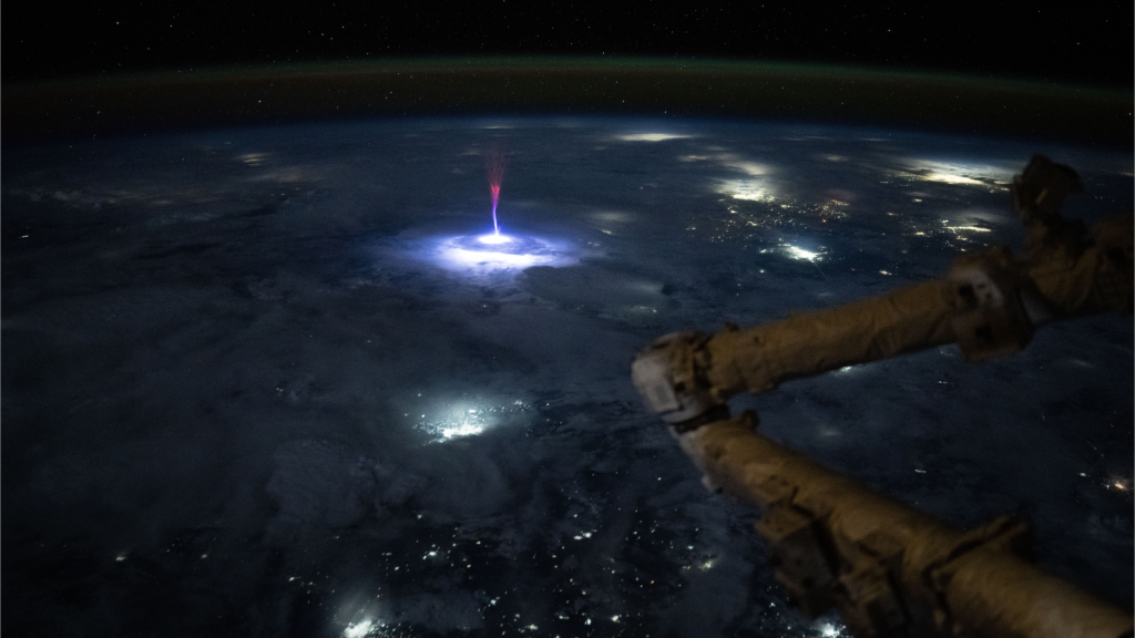 NASA astronaut Nichole Ayers captured a rare form of a transient luminous event – a gigantic jet during a storm that made its way across the United States and Mexico. Gigantic jets, typically observed by chance, are a powerful type of electrical discharge that extends from the top of a thunderstorm into the upper atmosphere. Gigantic jets appear when the turbulent conditions at towering thunderstorm tops allow for lightning to escape the thunderstorm, propagating upward toward space.