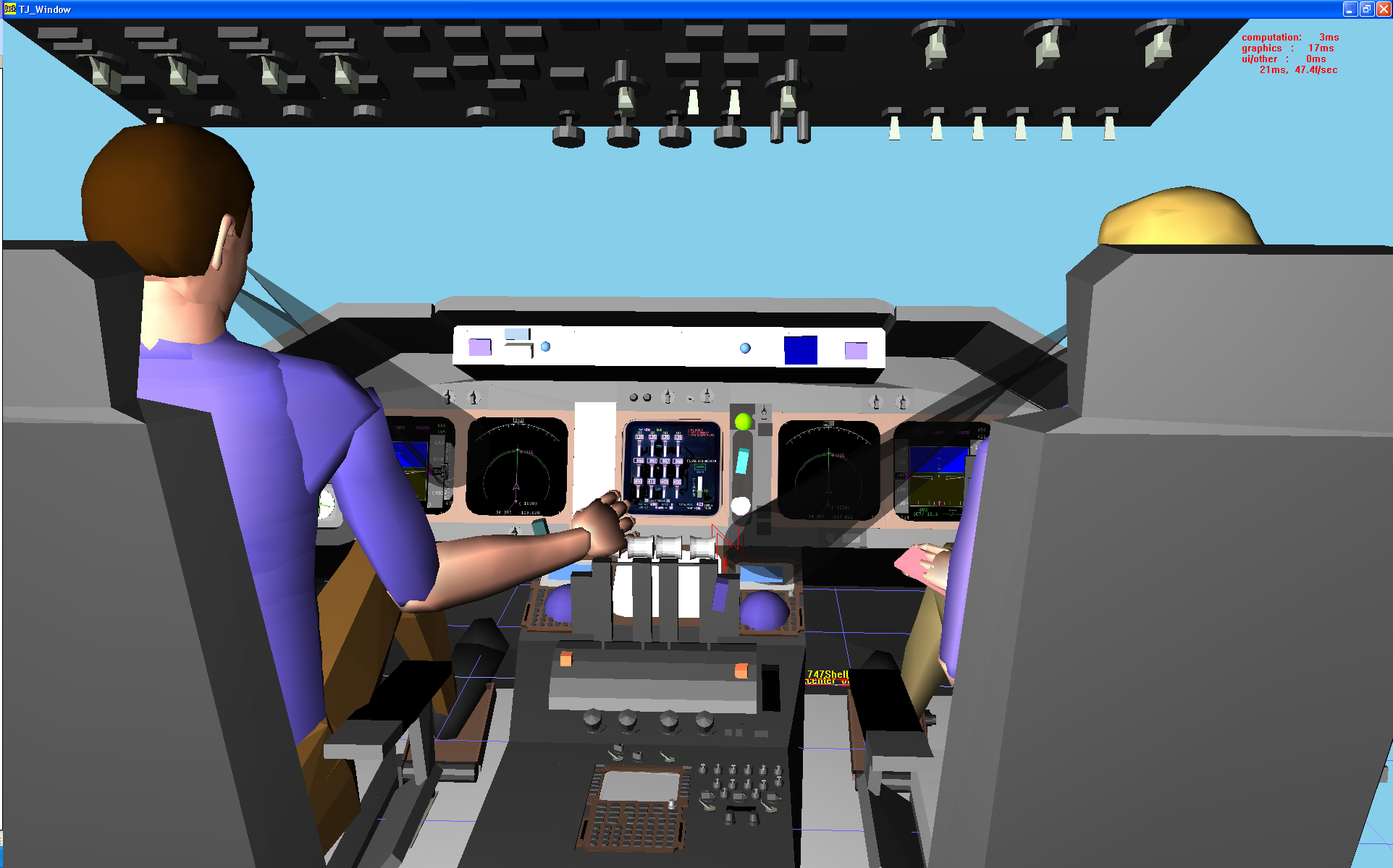 A screenshot of the Man-Machine Integration Design and Analysis System (MIDAS), a 3-D rapid prototyping human performance modeling and simulation environment that facilitates the design, visualization, and computational evaluation of complex man-machine system concepts.