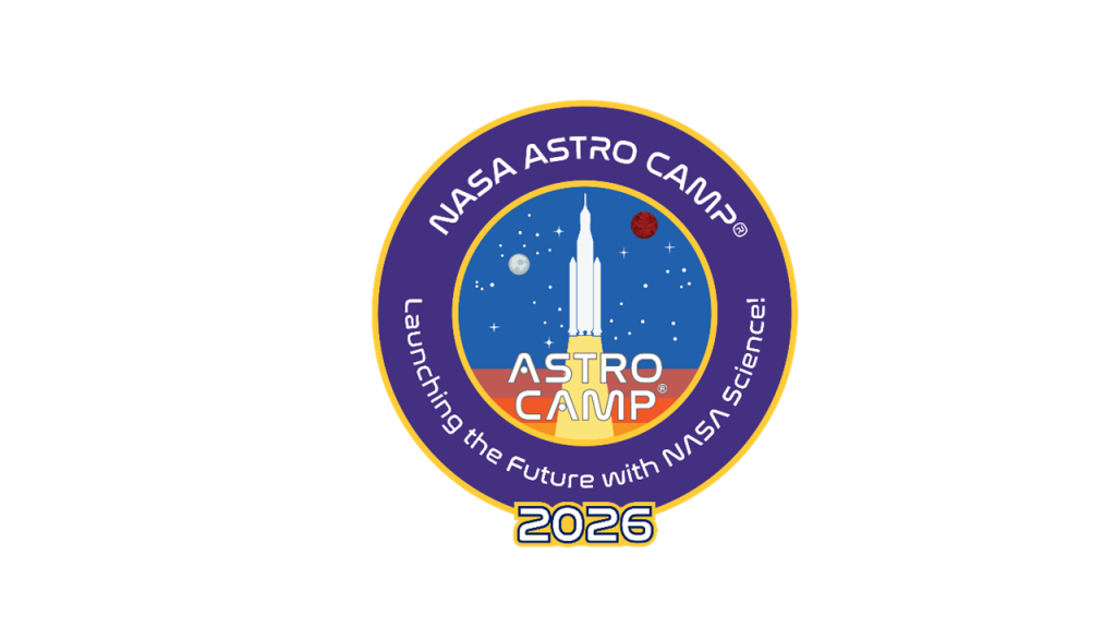 NASA ASTRO CAMP® Community Partners (ACCP) Program logo for 2025 is a purple circle with a white silhouette of a rocket in the center