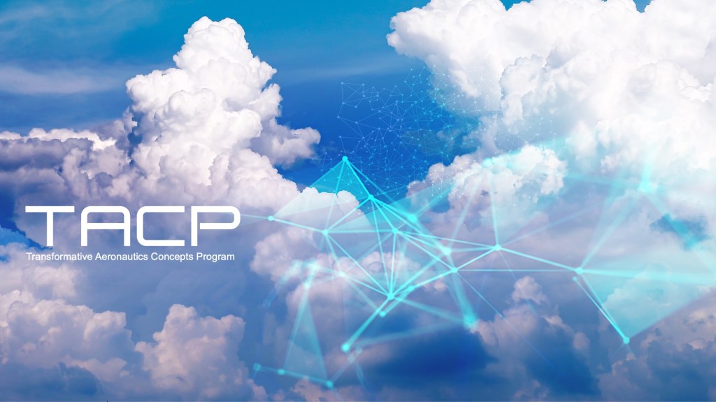 The letters TACP -- short for Transformative Aeronautics Concepts Program -- appear in white next to a blueish "spider web" graphic all over a cloud-filled sky.