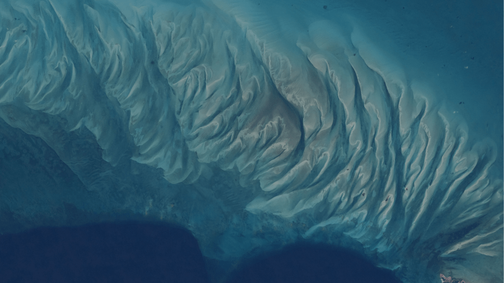 The clear blue waters off the coast of the Bahamian island of Eleuthera—part of which is visible at lower right—reveal sandbars and submerged dunes rippling across the seafloor shaped by currents and waves in the western Atlantic.