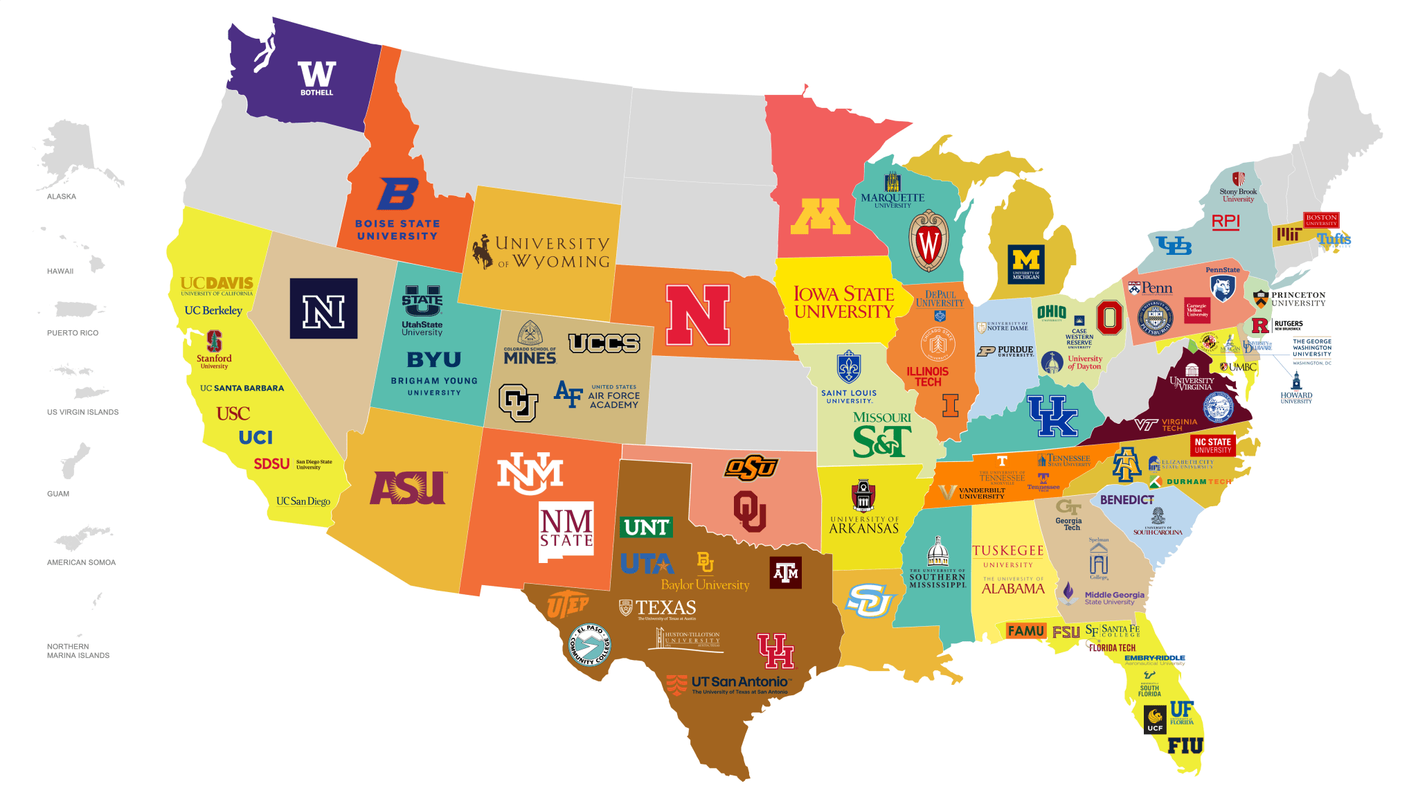 A map of the United States with the logos of universities involved with NASA research and their location.