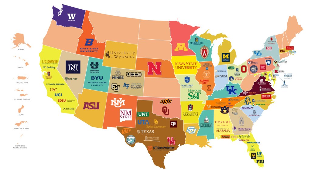 A map of the United States with the logos of universities involved with NASA research and their location.