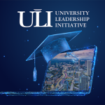 A digital illustration shows the logo for the University Leadership Initiative, with the letters ULI displayed in white text against a dark blue background. Below the text, a glowing graduation cap rises from an open laptop. The laptop screen displays an aerial cityscape with buildings, roads, and greenery. Small blue light particles surround the laptop and cap, giving the image a futuristic, technology‑focused appearance.