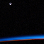 An external high-definition camera adjusted for night sensitivity took this photograph of the waning crescent Moon above Earth's horizon as the International Space Station orbited into a sunrise 270 miles above the Atlantic Ocean.