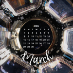 A picture of the cupola, the crew on the space station's "window to the world" with the month of March written on it and the calendar grid for March.