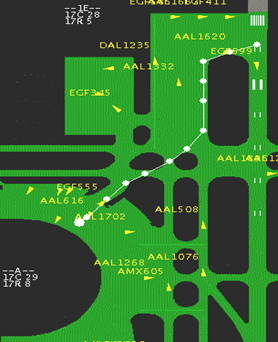 A screenshot of the display of NASA's Surface Management System (SMS) showing plane positions.